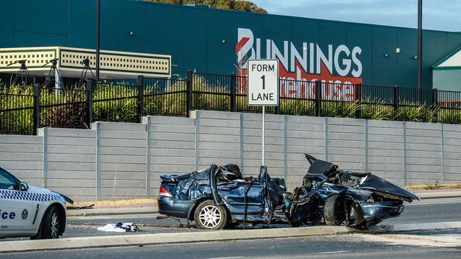 Afrikah Phil was fleeing police in a stolen Ford sedan when she crashed into a retaining wall outside Bunnings at Seaford Meadows. Picture: Roy Vandervegt