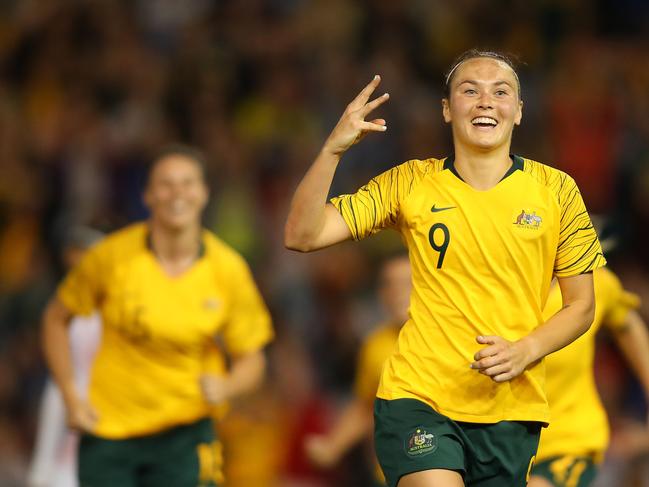 NEWCASTLE, AUSTRALIA - NOVEMBER 13: Caitlin Foord of Australia celebrates her third goal during the International Women's Friendly match between the Australian Matildas and Chile at McDonald Jones Stadium on November 13, 2018 in Newcastle, Australia. (Photo by Tony Feder/Getty Images)