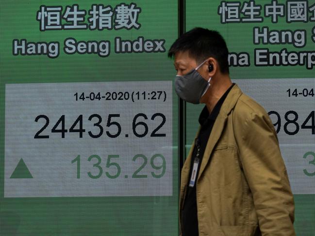 A man wearing face mask walks past a bank electronic board showing the Hong Kong share index at Hong Kong Stock Exchange.