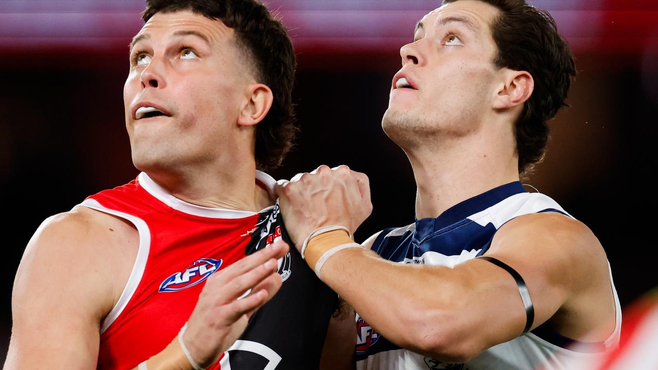 St Kilda big man Rowan Marshall (left) enjoys playing against the Cats. Photo: Dylan Burns/AFL Photos.