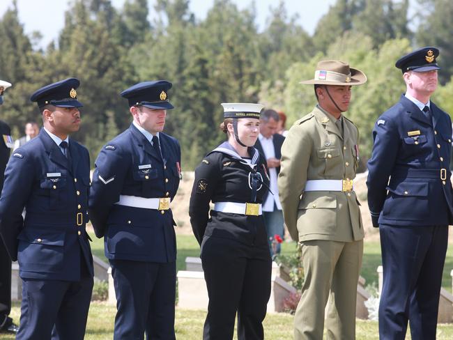 Troops honour the people who lost their lives at Lone Pine on the Gallipoli peninsula, Turkey. Picture: Ella Pellegrini.