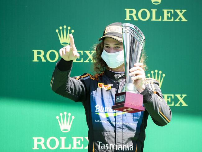 Tasmanian F3 driver Alex Peroni on the podium after finishing third in Austria in the sport's reboot following the coronavirus shutdown. Picture: DUTCH PHOTO AGENCY