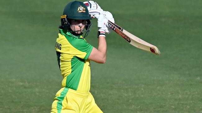 Meg Lanning blasts one off the back foot during another incredible knock. Picture: Getty Images