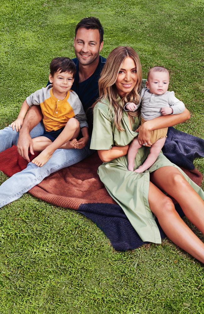 With husband, former AFL Geelong star Jimmy Bartel, and sons Aston (L) and Henly. (Picture: Cameron Grayson for Stellar)