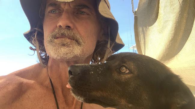 Amateur sailor Tim Shaddock survived three months drifting off the coast of Mexico by eating raw fish and sheltering under a canopy on a catamaran alongside his pet dog Bella. Picture: Nine News.