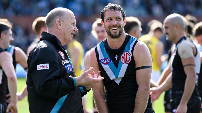 Port Adelaide champion Travis Boak says outgoing coach Ken Hinkley has been a father figure to many players. Picture: Mark Brake/Getty Images