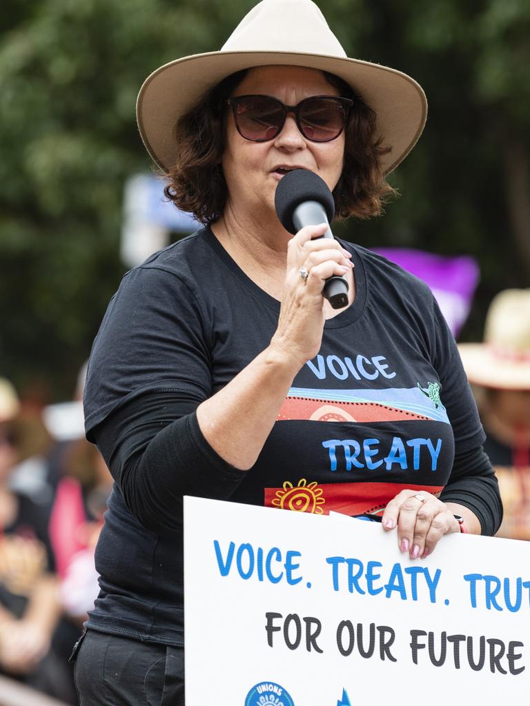 Queensland Council of Unions honorary president Kate Ruttiman speaks before the Toowoomba Labour Day march, Saturday, April 29, 2023. Picture: Kevin Farmer