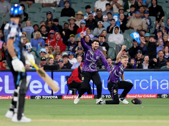 Nathan Ellis celebrates after holding on for a catch to dismiss Matt Short. Getty Images