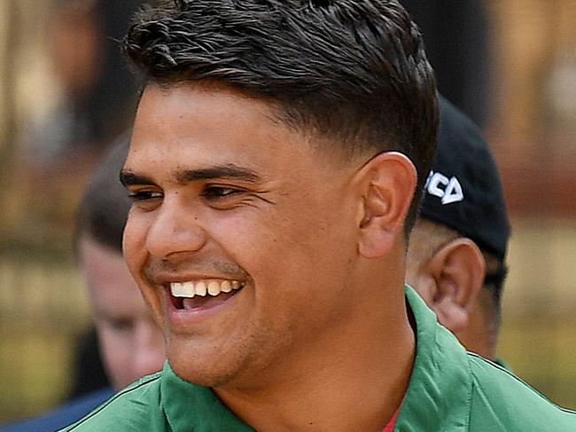 South Sydney Rabbitohs head coach Wayne Bennett and Latrell Mitchell (right) are seen arriving for a press conference at Redfern Oval in Sydney, Monday, January 13, 2020. Latrell Mitchell has signed a one-year deal with South Sydney Rabbitohs. (AAP Image/Bianca De Marchi) NO ARCHIVING