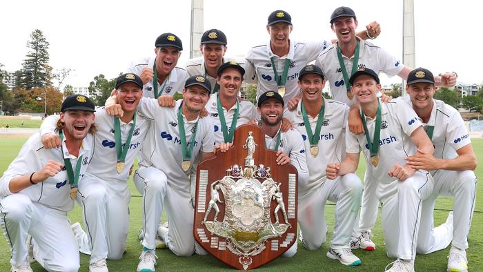 PERTH, AUSTRALIA - MARCH 26: Western Australia pose after winning the Sheffield Shield Final match between Western Australia and Victoria at the WACA, on March 26, 2023, in Perth, Australia. (Photo by Paul Kane/Getty Images)