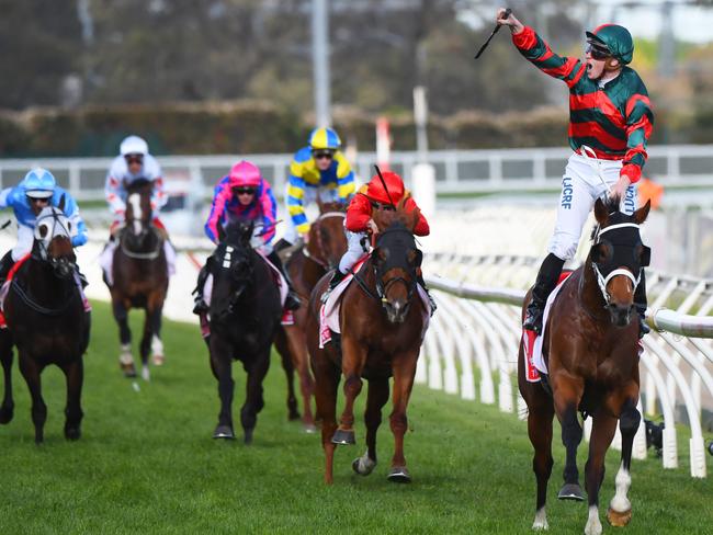 James McDonald celebrates as The Autumn Sun wins the Caulfield Guineas.