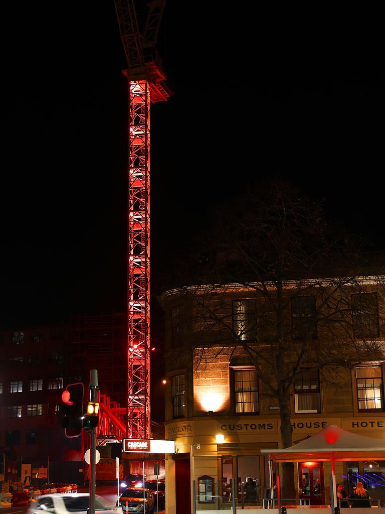 Paint The Town Red. The 10 Murray St crane in Salamanca. Picture: SAM ROSEWARNE.