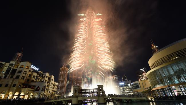 Fireworks explode at the Burj Khalifah, the world’s tallest building, on New Year's Eve in Dubai. Picture: AFP