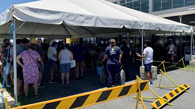 The vaccination clinic at Mackay Showgrounds was overrun on Tuesday morning with people seeking a Covid-19 booster shot. Picture: Rae Wilson