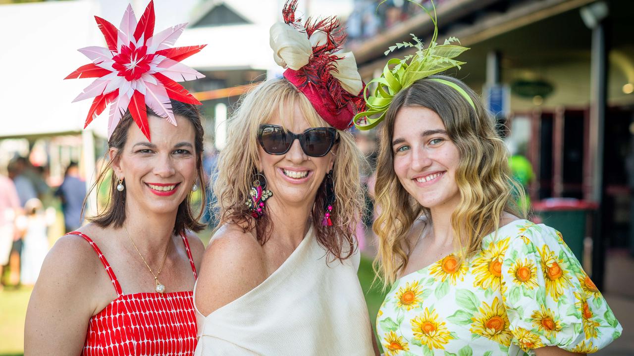 Sally Strohmayr, Donna Wood and Hermine Strohmayr at the 2021 Darwin Cup Carnival Bridge Toyota Ladies’ Day. Picture: Che Chorley