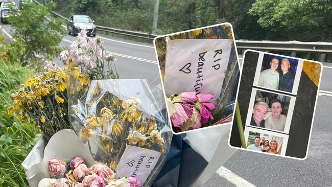 Floral tributes on Empire Bay Rd, Empire Bay, where a woman, aged in her 20s, was killed on Friday, September 13, 2024, and another woman, aged in her 40s, was critically injured. Picture: NewsLocal