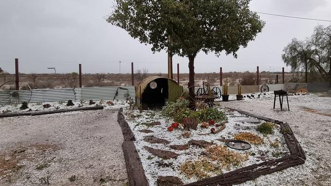 It looks like a winter wonderland at this Port Augusta garden centre but hail caused a lot of damage across the town. Picture: Homestead Gardens