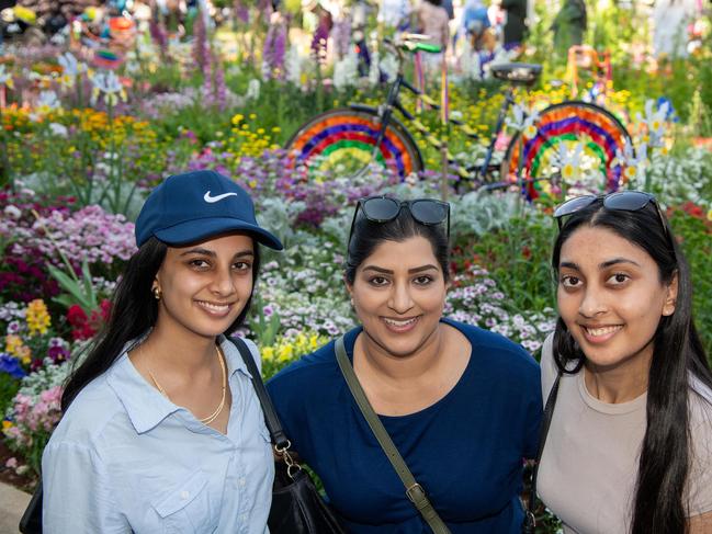 Nikisha Patel (left), Dina Parbhu and Meera Patel in the Botanic Gardens, Queens Park for the Carnival of Flowers, Sunday September 22, 2024. Picture: Bev Lacey