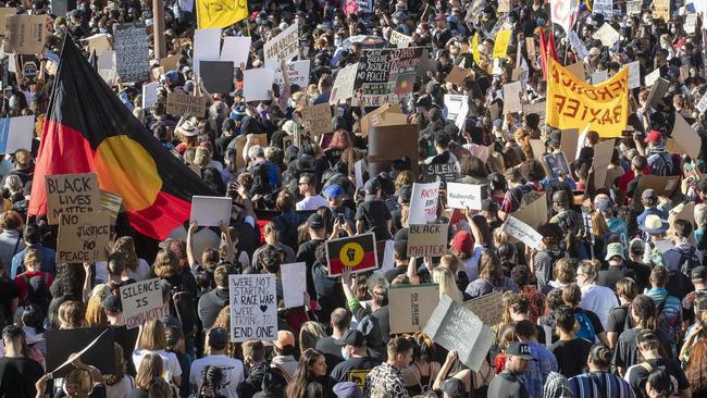 Thousands of people protest in King George Square on June 06, 2020 in Brisbane, Australia.