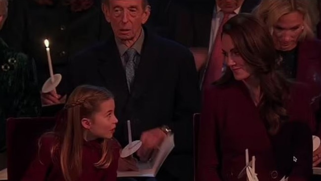 An excited Princess Charlotte with her mum, Catherine, Princess of Wales at the Christmas Eve service. Picture: ITV