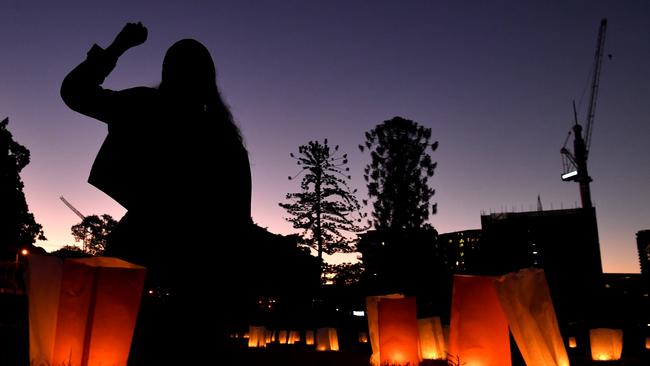 A candlelight vigil to protest against the deaths in custody of Aboriginal and Torres Strait Islander people held in in Brisbane in June 2020. Picture: AAP