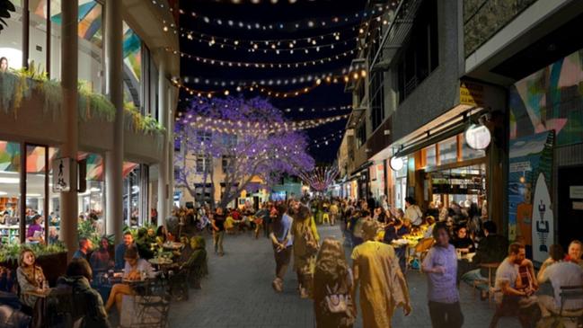 An artist's impression of proposed changes to Market Square contained in the draft "My Place: Manly" which has a focus on improving Manly’s night-time economy. Picture: Northern Beaches Council (Mark Gerada)