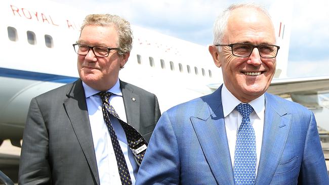 Alexander Downer with then-prime minister Malcolm Turnbull in 2017. Picture: AAP