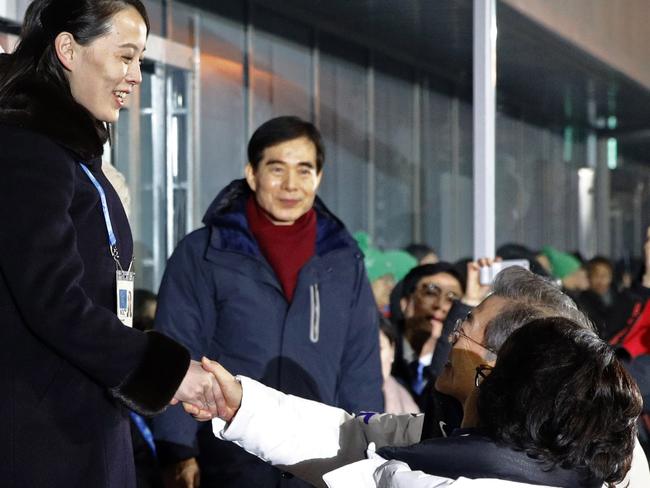 PYEONGCHANG-GUN, SOUTH KOREA - FEBRUARY 09:  Kim Yo Jong, left, sister of North Korean leader Kim Jong Un, shakes hands with South Korean President Moon Jae-in at the opening ceremony of the PyeongChang 2018 Winter Olympic Games at PyeongChang Olympic Stadium on February 9, 2018 in Pyeongchang-gun, South Korea.  (Photo by Patrick Semansky - Pool /Getty Images) **BESTPIX**