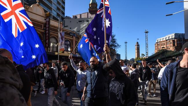 Protesters march down George St in Sydney on Saturday. Picture: Flavio Brancaleone