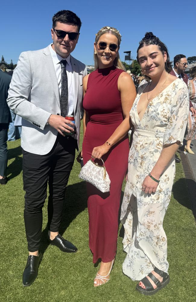 Owen O'Hara, Elaine Brennan and Ailish Greene at the Melbourne Cup at Flemington Racecourse on November 5, 2024. Picture: Phillippa Butt