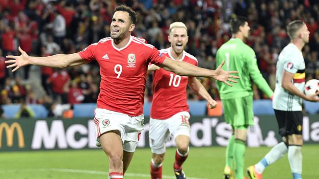 Wales' Hal Robson Kanu celebrates after scoring his side’s second goal against Belgium.