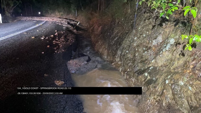 Pine Creek Road, Springbrook has been closed after a landslide overnight left the road damaged and littered with debris. The landslide has also damaged Energex equipment, leaving more than 400 people without power. Picture: Department of Transport and Main Roads