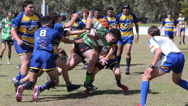 Action galleries of the junior rugby union grand finals, match played at Surfers Paradise Home Ground. Gold Coast Eagles Vs Currumbin Alligators under 16s division. Currumbin player 12 callum Simpson. Picture Mike Batterham