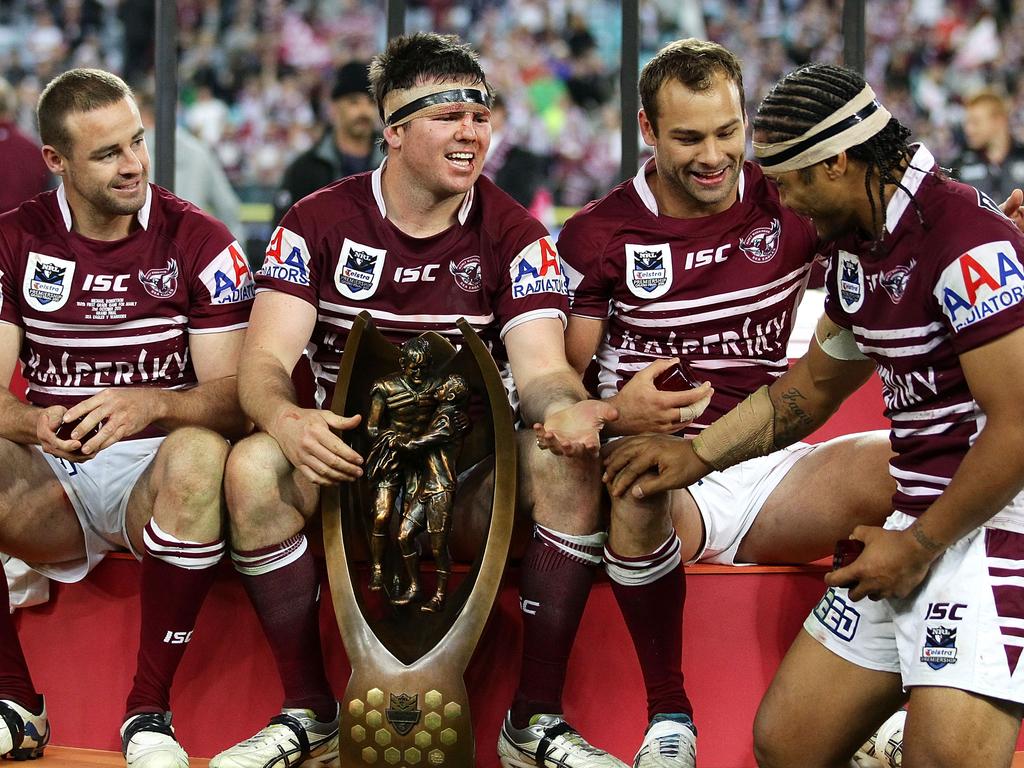 Premiership glory: (L-R) Michael Robertson, Jamie Lyon, Brett Stewart and Steve Matai of the Sea Eagles after their 2011 grand final win over the New Zealand Warriors. Picture: Getty Images