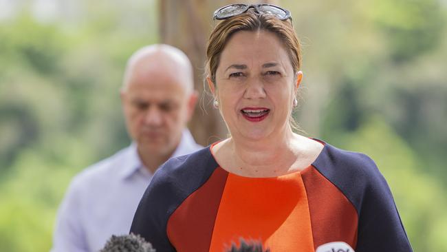 Queensland Premier Annastacia Palaszczuk addressing the media at a press conference with chief health officer Dr John Gerrard. Picture: Jerad Williams