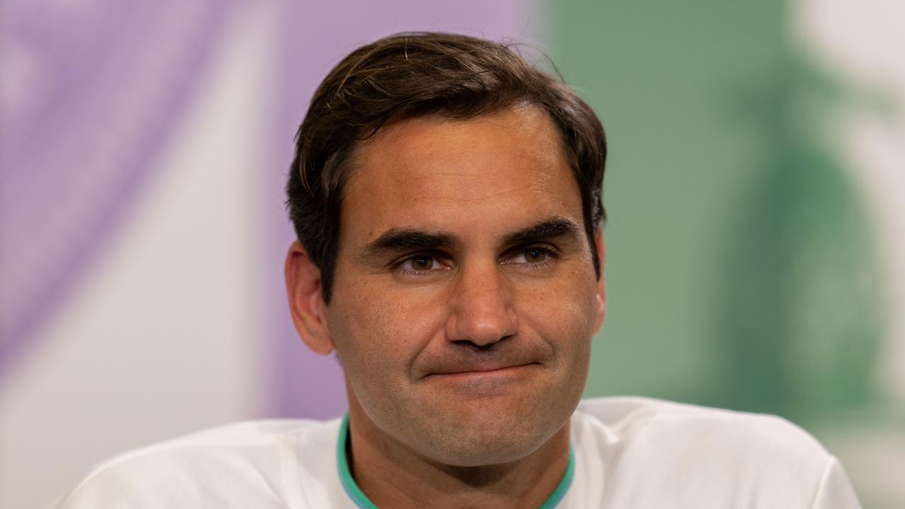 LONDON, ENGLAND - JULY 07: Roger Federer of Switzerland attends a press conference in the Main Interview Room court after losing his men's Singles Quarter Final match against Hubert Hurkacz of Poland on Day Nine of The Championships - Wimbledon 2021 at All England Lawn Tennis and Croquet Club on July 07, 2021 in London, England. (Photo by AELTC/Joe Toth - Pool/Getty Images)