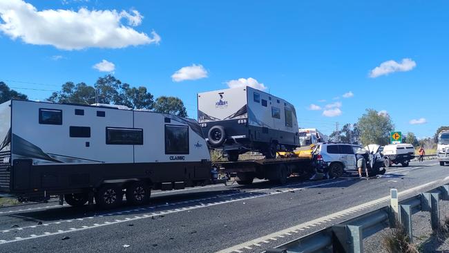 The driver of this truck towing the caravans has been charged following the crash at Bajool on July 19 2023.