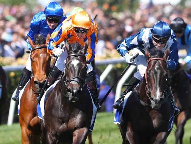 MELBOURNE, AUSTRALIA - NewsWire Photos, NOVEMBER 11, 2023. Imperatriz ridden by jockey Opie Bosson wins the Darley Champions Sprint at the TAB Champion Stakes Day at Flemington Racecourse in Melbourne. Picture: NCA NewsWire / David Crosling