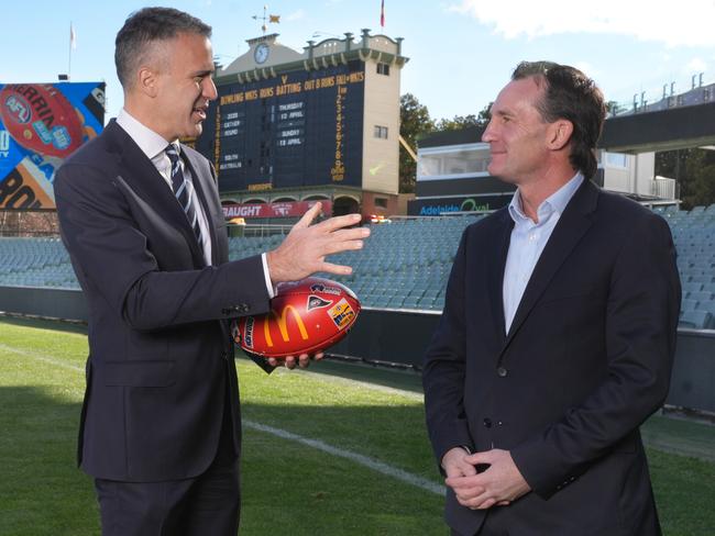 Premier Peter Malinauskas & AFL Chief Executive Andrew Dillon announce dates for 2025 AFL Gather Round. 2 July 2024. Picture: Dean Martin