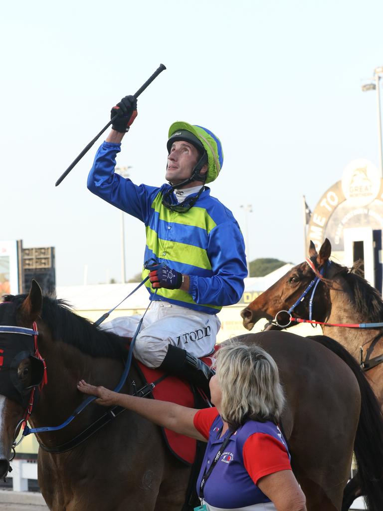 Victory as Gary Clarke trained Ã&#146; Playoffs Ã&#146; ridden by Jarrod Todd scores an emotional win in the Great Northern Darwin Cup. Picture: Glenn Campbell