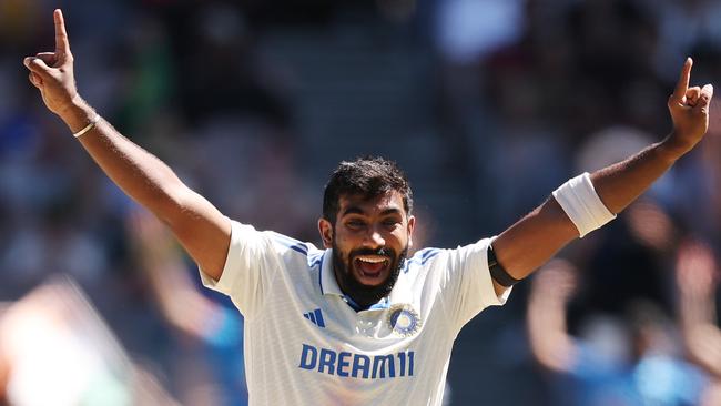 Jasprit Bumrah celebrates the wicket of Mitchell Starc at the Melbourne Cricket Ground. Picture; Morgan Hancock/Cricket Australia via Getty Images