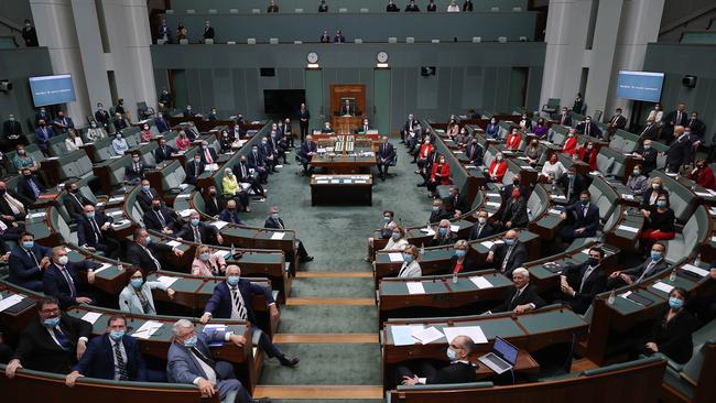 Masks on ... Scott Morrison, Anthony Albanese and MPs pose for a formal photograph. Picture: NCA NewsWire / Gary Ramage