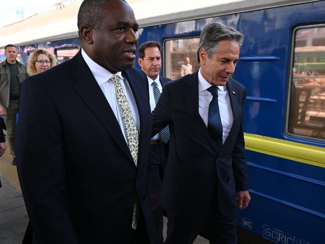 British Foreign Secretary David Lammy (L) and US Secretary of State, Anthony Blinken arrive at Kyiv train station. Picture: Getty Images