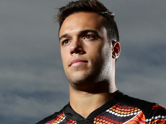 Wests Tigers Luke Brooks after launching the indigenous jersey for this round . Picture : Gregg Porteous