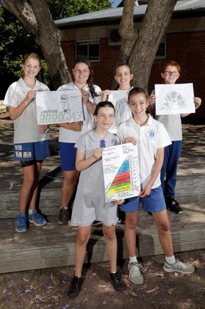 Seaforth Public School Year 6 students with drawings they made for the Bradfield Sydney buildings competiton. Picture: Damian Shaw