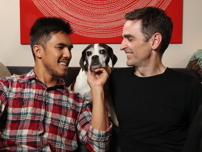 Love at first sight: Jerry Gobel and Hugh McGonagle with their dog Ellie. Picture: Richard Dobson