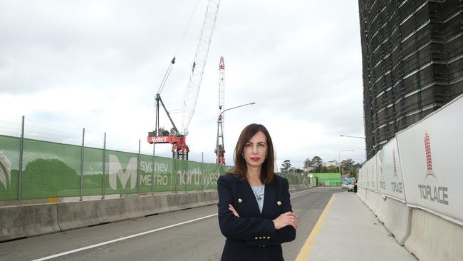 Hills Councillor Robyn Preston at the Castle Hill Metro Station which is under construction. She wants a shuttle service for commuters from a possible remote car park. Castle Hill, NSW, Australia. (Annika Enderborg)