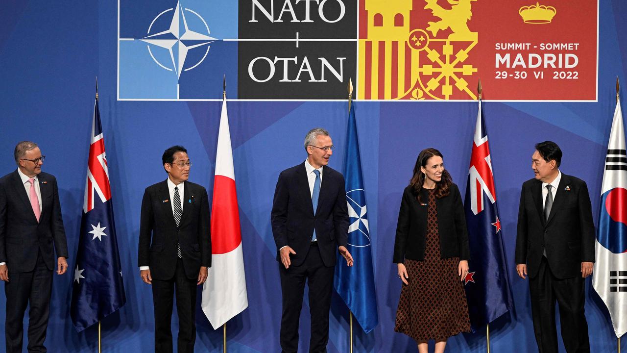 Anthony Albanese, Japan's Prime Minister Fumio Kishida, NATO Secretary General Jens Stoltenberg, New Zealand Prime Minister Jacinda Ardern and South Korea's President Yoon Suk-yeol during the NATO summit in Madrid in 2022. Picture: AFP