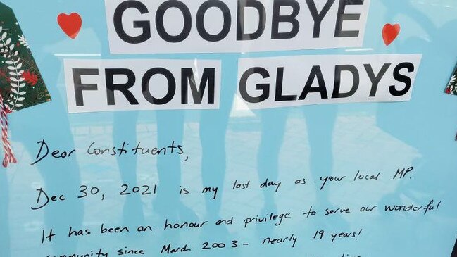 Ms Berejiklian goodbye note left on her electorate office door.