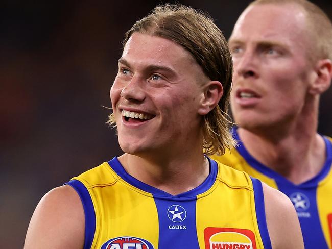 PERTH, AUSTRALIA - MAY 04: Harley Reid of the Eagles walks from the field at the half time break during the round eight AFL match between West Coast Eagles and Essendon Bombers at Optus Stadium, on May 04, 2024, in Perth, Australia. (Photo by Paul Kane/Getty Images)